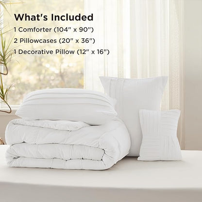 Bedsure King Comforter Set - 4 Pieces Pinch Pleat Bed Set, White Boho Bedding for All Season, 1 Soft Comforter, 2 Pillowcases, 1 Decorative Pillow