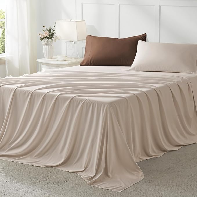 Anluoer Queen Comforter Set,Brown&Beige Bed in a Bag 7 Piece,Lightweight Bedding Set with Soft Down Alternative Fill,Bed Set Includes Comforter, Fitted Sheet, Flat Sheet,Pillowcases and Shams