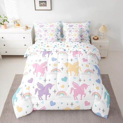 7 Pieces Kids Teens Rainbow Unicorn Comforter Set Full Size Cute Unicorn Bedding Set with Comforter,Sheet Set,Pillowcase and Sham Fairy Tale Bed Set Colorful Animals Bedding for Room Decorative