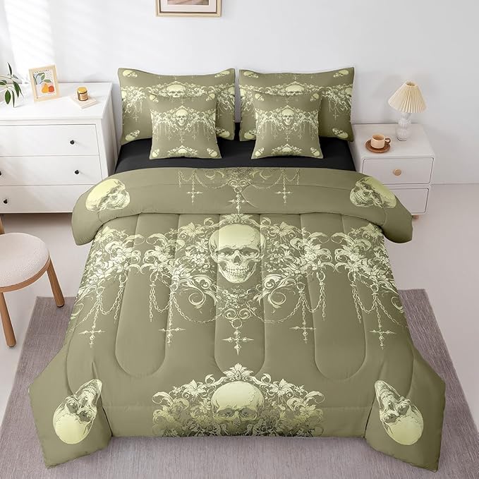 Erosebridal Gothic 7 Piece Comforter Set Full Bed in a Bag,Goth Sugar Skull Olive Green Damask Bedding Set,Bohemian Vintage Floral Comforter and Sheet Set,Exotic Antique Victorian Baroque Decor