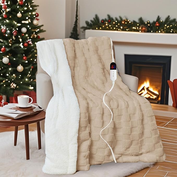 Electric Blanket, Heated Blanket with 6 Heat Levels & 10 Hours Auto Off, Soft Checked Flannel Fast Heating Blanket with ETL & FCC Certification (Khaki, 62"X84")