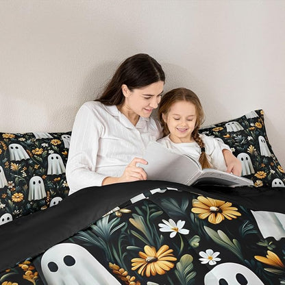 Erosebridal Spooky Halloween Boho Black Bedding Set Full, Cute Ghost Comforter Set for Kids Boys Girls Teens Women Men Halloween Decor, Black Bohemian Floral Comforter, Retro Horror Theme Quilt
