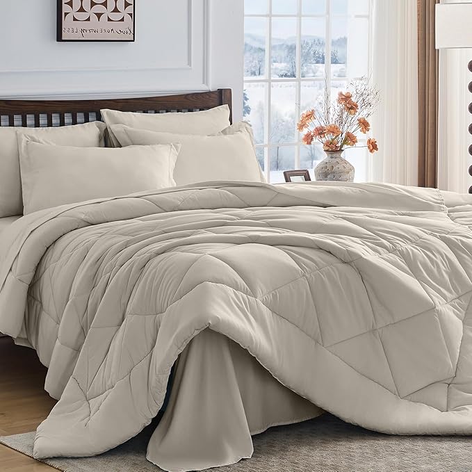HEVUMYI Linen King Comforter Set - 7-Piece All Season Bed in a Bag King, Ultra Soft Bedding Set with Comforter, Flat Sheet, Fitted Sheet, Pillowcases, Pillow Shams