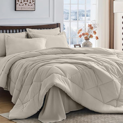 HEVUMYI Linen California King Comforter Set - 7-Piece All Season Bed in a Bag Cal King, Ultra Soft Bedding Set with Comforter, Flat Sheet, Fitted Sheet, Pillowcases, Pillow Shams