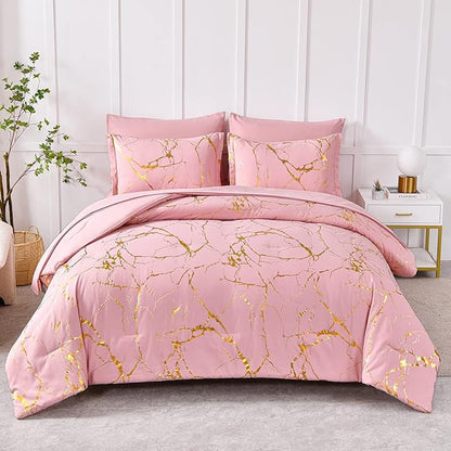 Yogeneg Gold Metallic Marble King Size Comforter Set,7 Piece Bed in a Bag,Foil Print Glitter Pink Comforter and Sheet Set,All Season Soft Microfiber Complete Bedding Sets(Pink,King)
