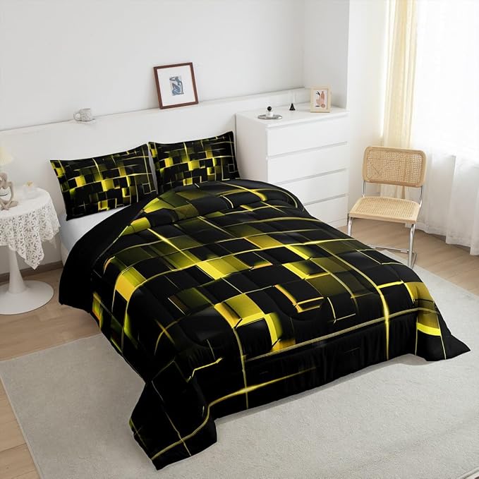 Erosebridal Yellow Black Full Comforter Set Geometric Light Honeycomb Bedding Set for Kids Teens Adult, Decor Down Comforter Modern Style Quilt, Microfiber Lightweight All Season