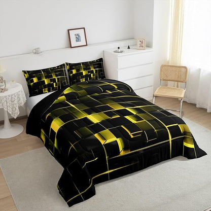 Erosebridal Yellow Black Twin Comforter Set Geometric Light Honeycomb Bedding Set for Kids Teens Adult, Decor Down Comforter Modern Style Quilt, Microfiber Lightweight All Season