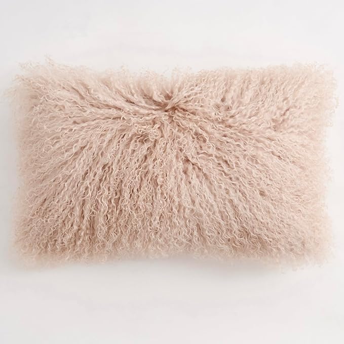 Genuine Mongolian Lamb Fur Pillow Cover – 12"x20" Rectangular Cushion Case – Soft Curly Wool Decorative Accent for Sofa, Bed, or Chair (Dusty Pink)