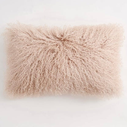 Genuine Mongolian Lamb Fur Pillow Cover – 12"x20" Rectangular Cushion Case – Soft Curly Wool Decorative Accent for Sofa, Bed, or Chair (Dusty Pink)