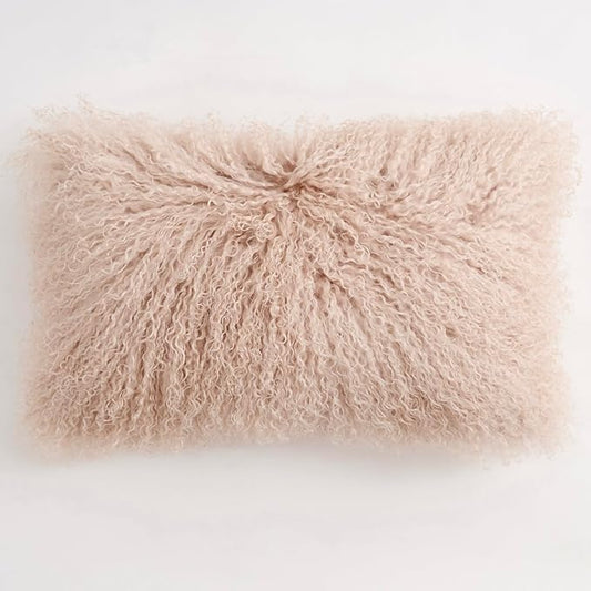 Genuine Mongolian Lamb Fur Pillow Cover – 12"x20" Rectangular Cushion Case – Soft Curly Wool Decorative Accent for Sofa, Bed, or Chair (Dusty Pink)
