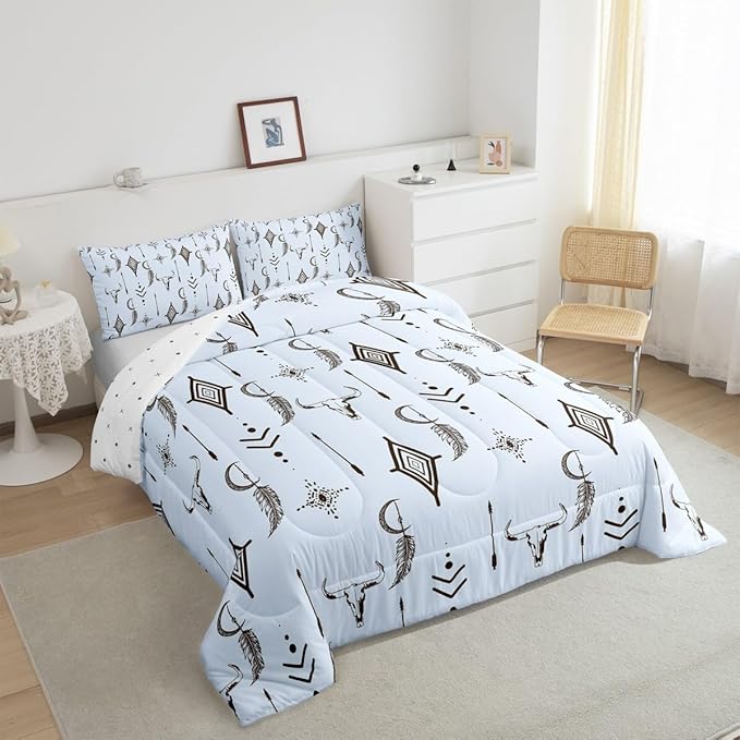 Feelyou Blue Western Bull Skull Comforter Set Boho Ethnic Horns Bedding Set Full Size for Kids Adult Tribal Symbol Mysterious Aztec Comforter