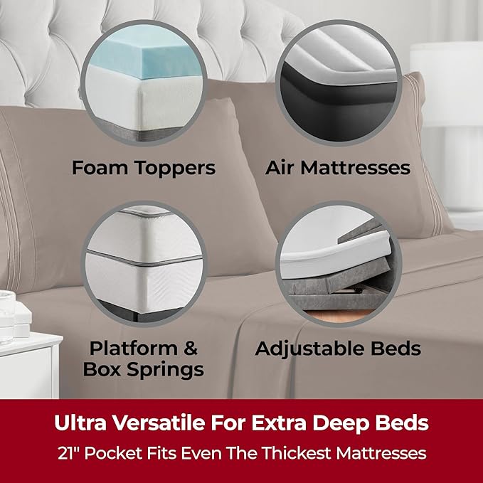 Mellanni Extra Deep Queen Sheets - 4 PC Iconic Collection Bedding - Hotel Luxury, Ultra Soft, Cooling Bed Sheets - Wrinkle, Fade, Stain Resistant (Queen, Brown)