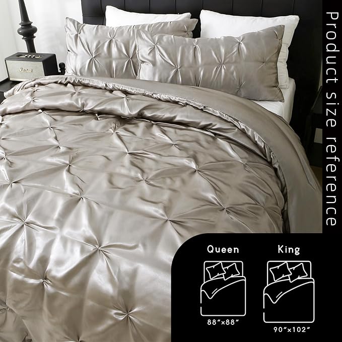 Satin Comforter Set King Size, 3-Piece Light Grey Pinch Pleat Bedding Sets, Comforter, Pillowcases, Offering Exceptionally Soft and Smooth Comfort for All Season Use