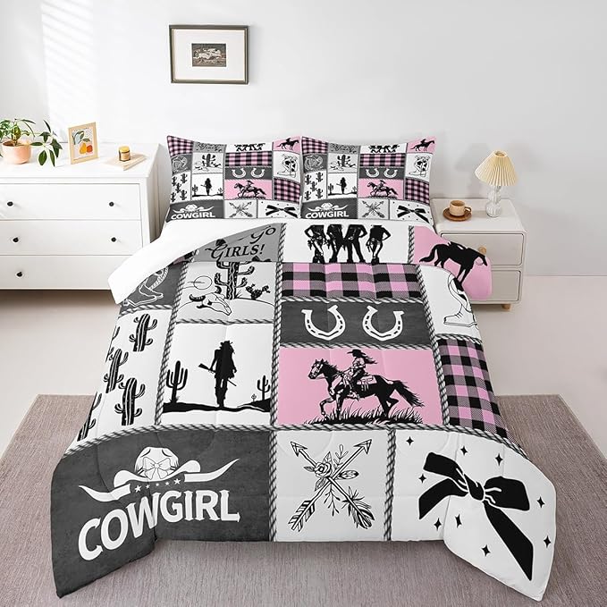 Western Cowgirl Kids Comforter Set Full Size,Cactus Horseshoe Cowgirl Boot Rustic Bedding Set,Girls Women Room Decor,Bow Cow Skull Patchwork Down Comforter,Pink Fashion Duvet Insert,2 Pillowcases