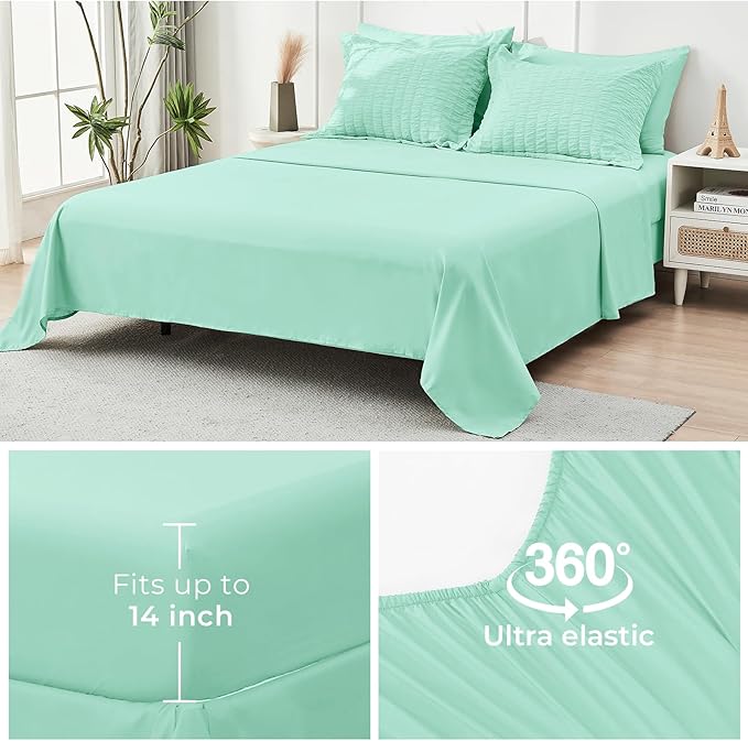 HYMOKEGE Mint Green Queen Comforter Set Seersucker 7 Pieces, All Season Luxury Bed in a Bag Queen for Bedroom, Bedding Set with Comforter, Sheets, Pillowcases & Shams