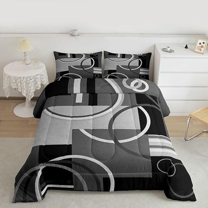 Circles Comforter Set Modern Grey Black White Bedding Sets King Size Abstract Swirls Square Quilted Duvet Geometric Stripe Duvet Set Modern Creative Soft Down Comforter With 2 Pillow Shams