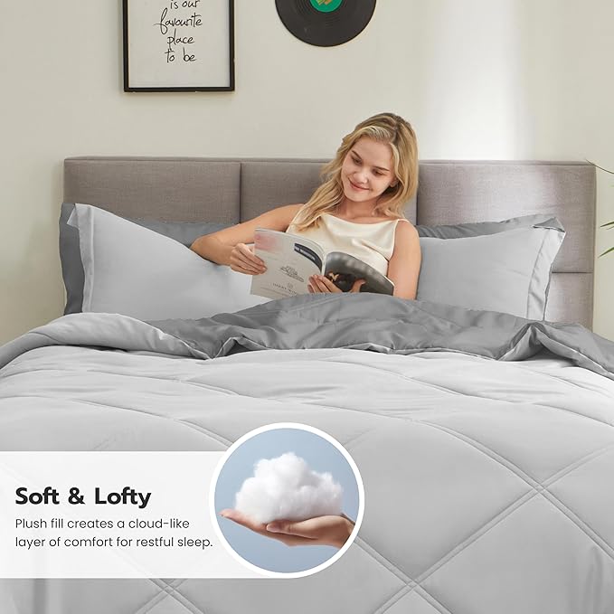 Joiedomi California King Comforter Set with Sheets Light Grey, 7 Pieces Bedding Set with 1 Down Alternative Comforter, 1 Flat Sheet, 1 Fitted Sheet, 2 Pillowcases and 2 Pillow Shams, Bed in a Bag