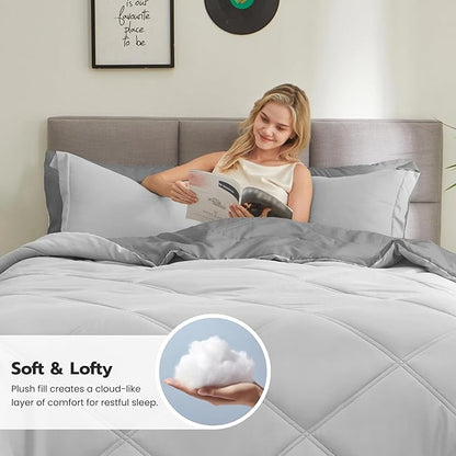 Joiedomi California King Comforter Set with Sheets Light Grey, 7 Pieces Bedding Set with 1 Down Alternative Comforter, 1 Flat Sheet, 1 Fitted Sheet, 2 Pillowcases and 2 Pillow Shams, Bed in a Bag