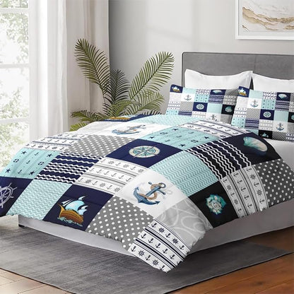 Queen Size Comforter Set with 2 Pillowcases, Nautical Blue Marine Summer 3 Pcs Bedding for Kids and Adults, Sea Ocean Boat Plaid Soft Comforter Set for Bedroom Bed Decor