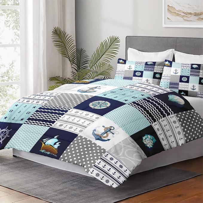 Twin Size Comforter Set with Pillowcase, Nautical Blue Marine Summer 2 Pcs Bedding for Kids and Adults, Sea Ocean Boat Plaid Soft Comforter Set for Bedroom Bed Decor