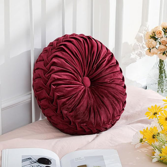 1 Pcs Round Throw Pillows Decorative Velvet Pleated Throw Pillows 15'' Diameter Accent Pumpkin Boho Chair Cushion for Couch Sofa Chair Bed Home Decoration (Wine Red)