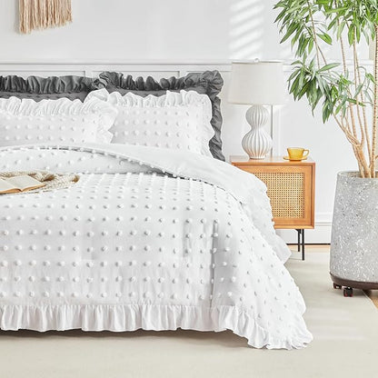 Tufted Dots Ruffle Comforter Set Full/Queen Size, 3 Pieces White Vintage Farmhouse Shabby Chic Comforters, Jacquard Boho Bohemian Bedding Set for All Season (1 Ruffled Comforter+ 2 Pillow Shams)