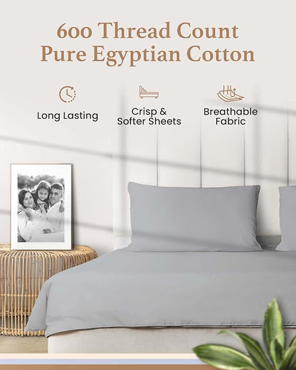 Olympic Queen Sheets Set, 100% Egyptian Cotton, Luxury 600 Thread Count, 4 Pc Super Queen Sheets Sets, Soft & Breathable, Snug Fit,16" Deep Pocket Fitted Sheet, 2 Pillowcases & 1 Flat Sheet,Light Gray