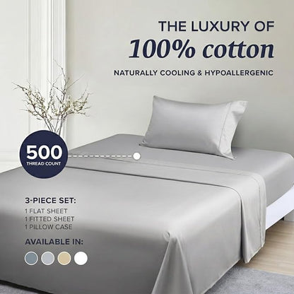 Beckham Hotel Collection Twin XL Sheet Set 100% Cotton, 500TC Luxury Sateen Bedding, 16” Deep Pocket, Moisture-Wicking, 3-Piece, Gray