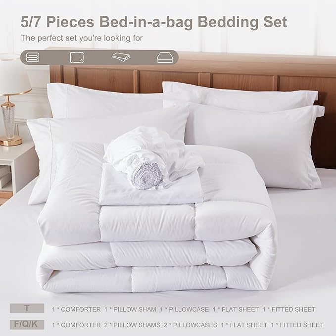Newspin Full Comforter Set White - Bed in a Bag Full Size 7 Pieces, All Season Bed Set, Fluffy Comforter Set with Sheets, Sheet Set Quilt Blanket, Pillowcases & Shams