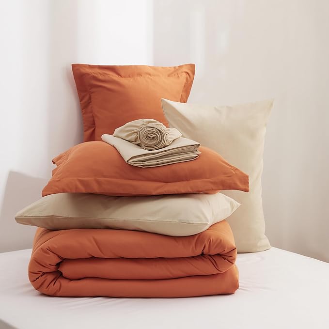 Bedsure Twin Comforter Set - 5 Pieces Burnt Orange Twin Bedding Set for All Seasons, Boho Contrasting Design Bed in a Bag with Comforter, Sheets, Pillowcase & Sham