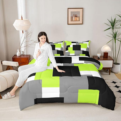 Castle Fairy Modern Abstract Bedding Set for Boys Girls,Geometric Grid Square Splicing All Season Cozy Comforter Set Full Size,Green Grey Black Duvet Set Bedroom Decor,Personalized Birthday Gifts