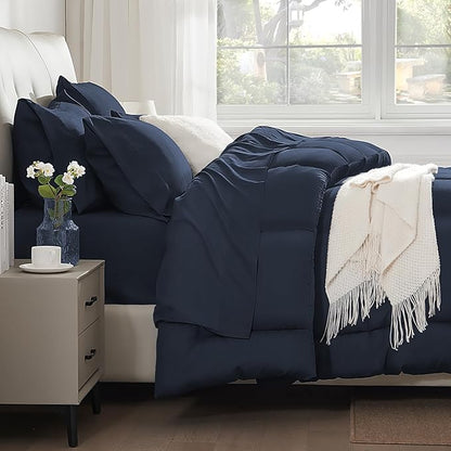 SunStyle Home Navy Blue King Size Comforter Set - 7 Pieces Bed in a Bag, Lightweight Goose Down Alternative Bedding Sets with All Season Comforter, 1 Flat Sheet, 1 Fitted Sheet, 4 Pillowcases