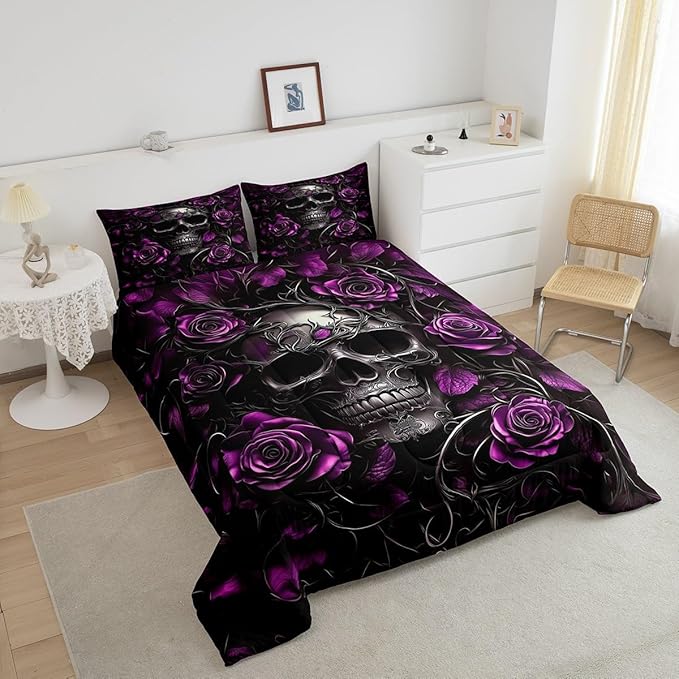 Erosebridal Adults Gothic Comforter Set Bohemian Boho Goth Toddler Bedding Set Vintage Skull Bed Sets Violet Red Rose Baroque Victorian Romantic Rose Duvet Insert,Halloween Gothic Bedroom Decor