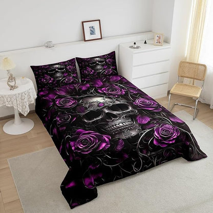 Erosebridal Adults Gothic Comforter Set Bohemian Boho Goth Bedding Full Size Vintage Skull Bed Sets Violet Red Rose Baroque Victorian Romantic Rose Duvet Insert,Halloween Gothic Bedroom Decor