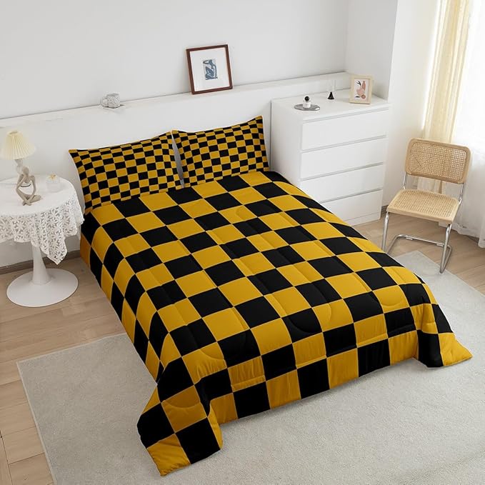 Feelyou Checkered Bedding Set Teen Women Men Yellow Black Plaid Comforter Set Full Size Kids Boys Girls Cute Retro Neutral Checkerboard Geometric Duvet Insert Vintage Aesthetic Room Decor