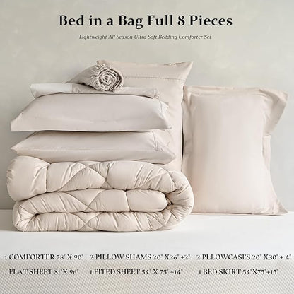 Newspin Full Comforter Set Beige - Bed in a Bag Full Size 8 Pieces, All Season Bed Set, Fluffy Comforter Set with Sheets, Sheet Set Quilt Blanket, Pillowcases & Shams & Bed Skirt