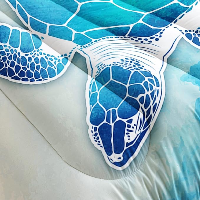 HOSIMA Sea Turtle Comforter Set,Coastal Beach Themed Bedroom Comforter Set Queen Size for Kids Teen Girls Boys Room Decor,Turtle Twin Bed in a Bag for Girls with 2 Pillowcases.