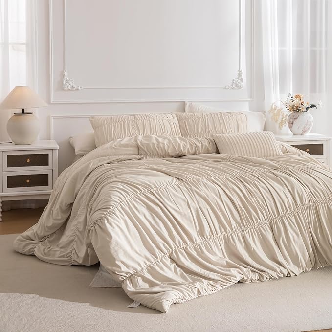 Lady Ann Queen Comforter Set - Wheat Ruched Boho Bedding Comforter Sets for Bedroom, 3 Piece Fluffy Bedroom Set with Pillow Shams Ultra Soft All Season Bed Sets