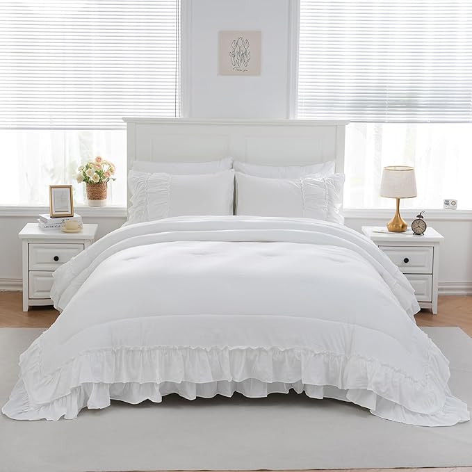Boho Bedding King White Comforter Set Shabby Chic Beddings 2 Layers Ruffle Home Decor Farmhouse Bed Comforter