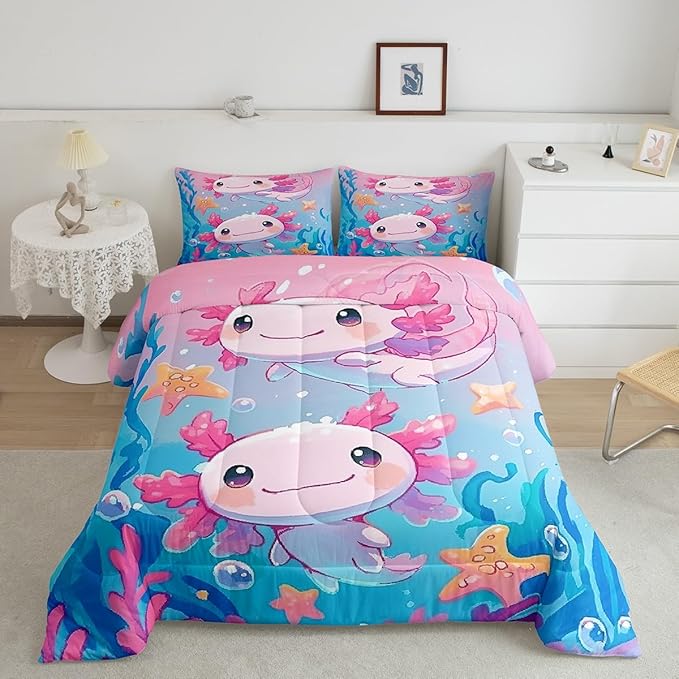 Kids Kawaii Axolotl Bedding Sets Full Size,Pink Cute Animal Ocean Sealife Reversible Comforter Set Breathable Polyester Quilt Set,Lovely Cartoon Blue Sea Coral Duvet Insert,2 Pillowcases