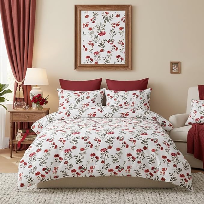 Nayoroom Vintage Floral Comforter Set Queen Size Watercolor Red Flower Botanical Leaf Pattern Spring Bedding Set 3 Pieces Soft Lightweight Aesthetic Garden Comforter for All Seasons