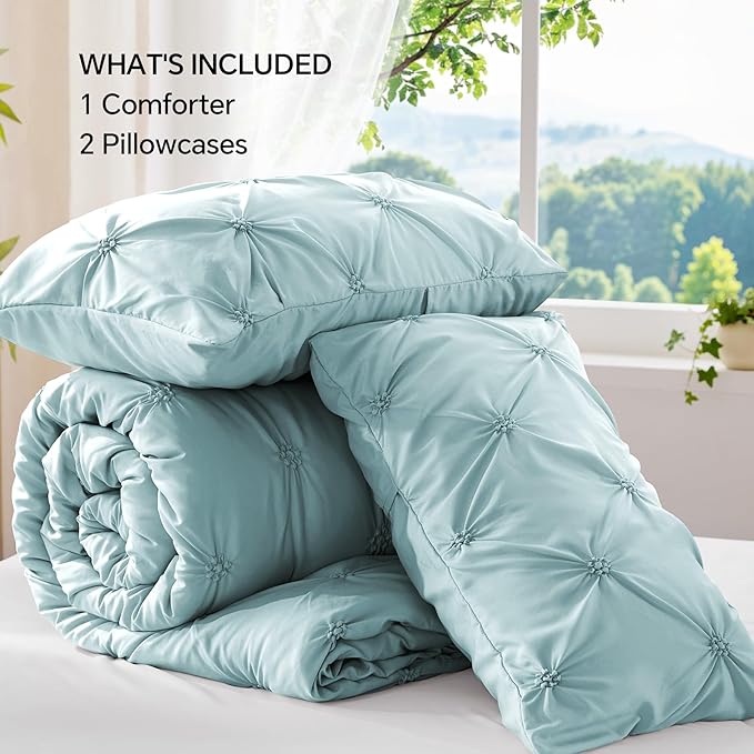 BEDELITE Dusty Blue King Size Comforter Set - 3 Pieces Boho Pintuck Bedding Comforter Sets, Lightweight Soft & Warm King Bedding Set with 2 Pillowcases for All Season