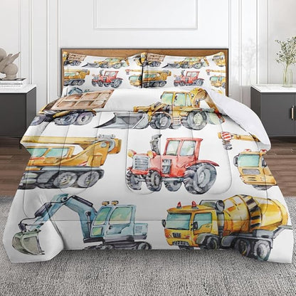 Colorful Car Trucks Construction Comforter Set for Boys Kids Toddlers Teens Queen, Red Tractor Excavator Bedding Sets Water Washed Microfiber Bedding with 1 Comforter 2 Pillowcase
