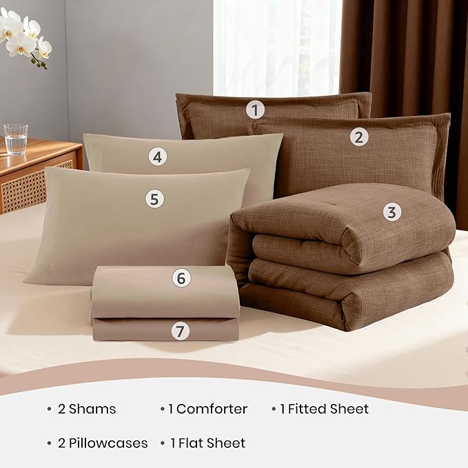 Geniospin King Comforter Set - 7 Pieces Comforter King Size, Soft Solid Bedding Set for All Season, Textured Bed in a Bag with Sheets, Pillowcases & Shams(Brown, 102''x90'')