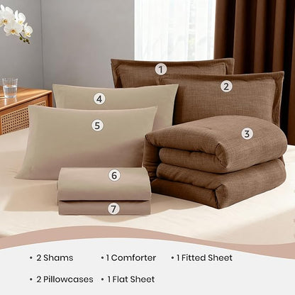 Geniospin King Comforter Set - 7 Pieces Comforter King Size, Soft Solid Bedding Set for All Season, Textured Bed in a Bag with Sheets, Pillowcases & Shams(Brown, 102''x90'')