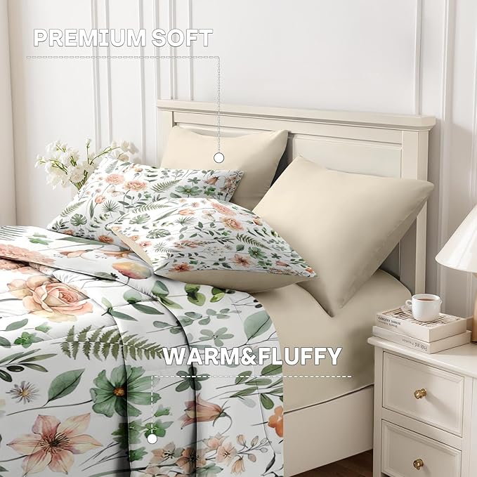 Nesker 7 Pcs Spring Comforter Set Queen Size, Green Floral Bedding Set for Kids and Adults, Fern Rose Tulip Bed Sheet Sets with Fitted Sheet 2 Pillowcases & 2 Shams