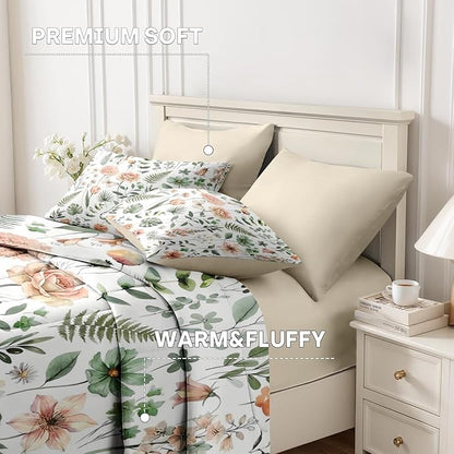 Nesker 5 Pcs Spring Comforter Set Twin Size, Green Floral Bedding Set for Kids and Adults, Fern Rose Tulip Bed Sheet Sets with Fitted Sheet Pillowcase & Sham