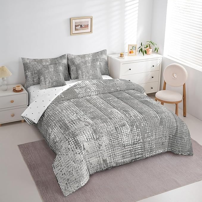 Erosebridal Gray Oil Painting Bedding Twin Size 7 Pieces Modern Contemporary Art Comforter Set with Flat Sheet and Fitted Sheet, Grey Ombre Bed in a Bag Watercolor Bedding Comforter Sets
