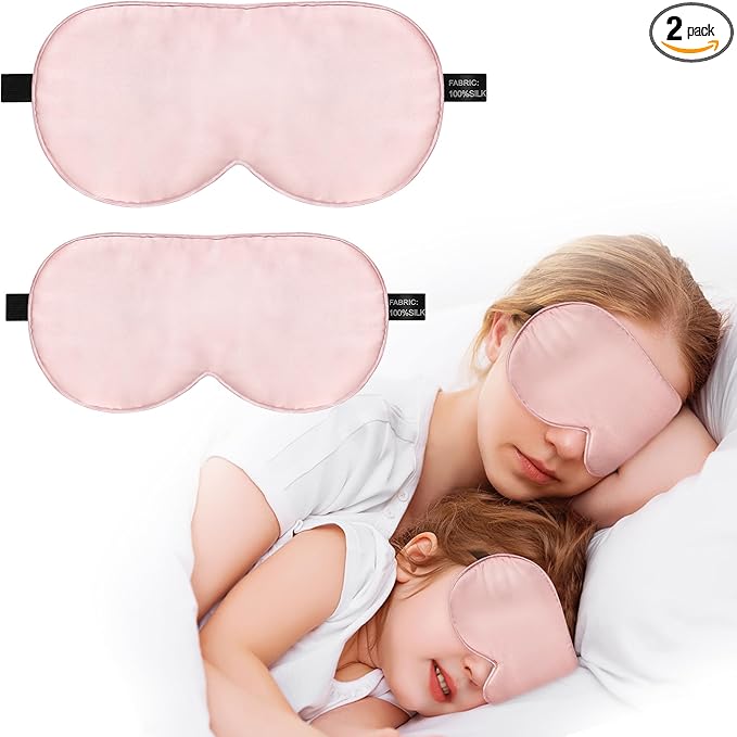 Silk Sleep Mask Eye Cover, 100% Real Natural Eye Mask for Sleeping with Adjustable Strap, 100% Silk Filling Blindfold, sleepmask for Kids/Teens/Adults, Sleeping Masks for Family (2 Pink)