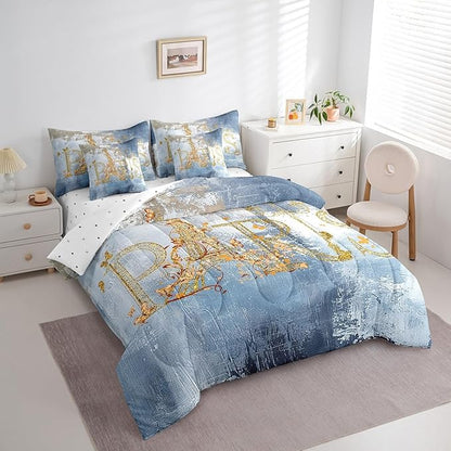 Erosebridal Romantic Paris Bed in a Bag 7-Piece Valentine's Day Eiffel Tower Bedding Comforter Sets, Light Blue Graffiti Full Bedding Set Hippie Tie Dye Comforter Set with Flat Sheet and Fitted Sheet